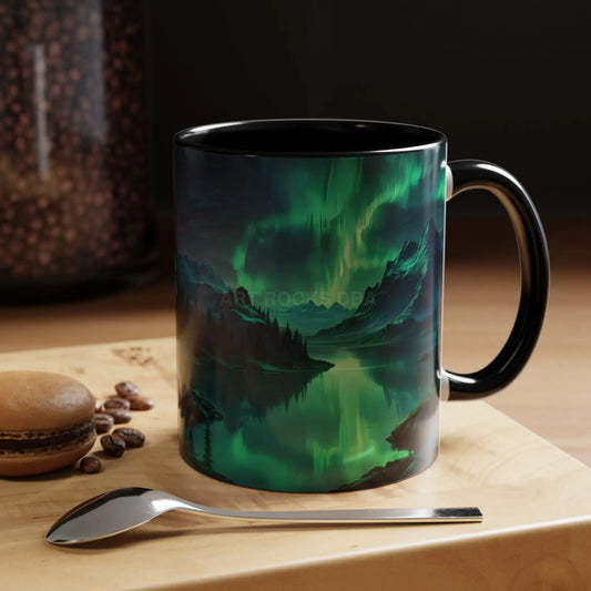 Aurora Borealis Lakeside Coffee Mug – Northern Lights Scenic Accent Mug - 11oz / Black - Mug
