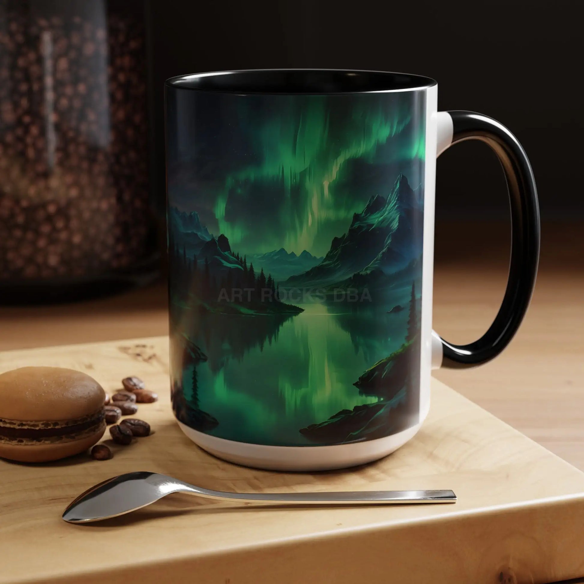 Aurora Borealis Lakeside Coffee Mug – Northern Lights Scenic Accent Mug - Mug
