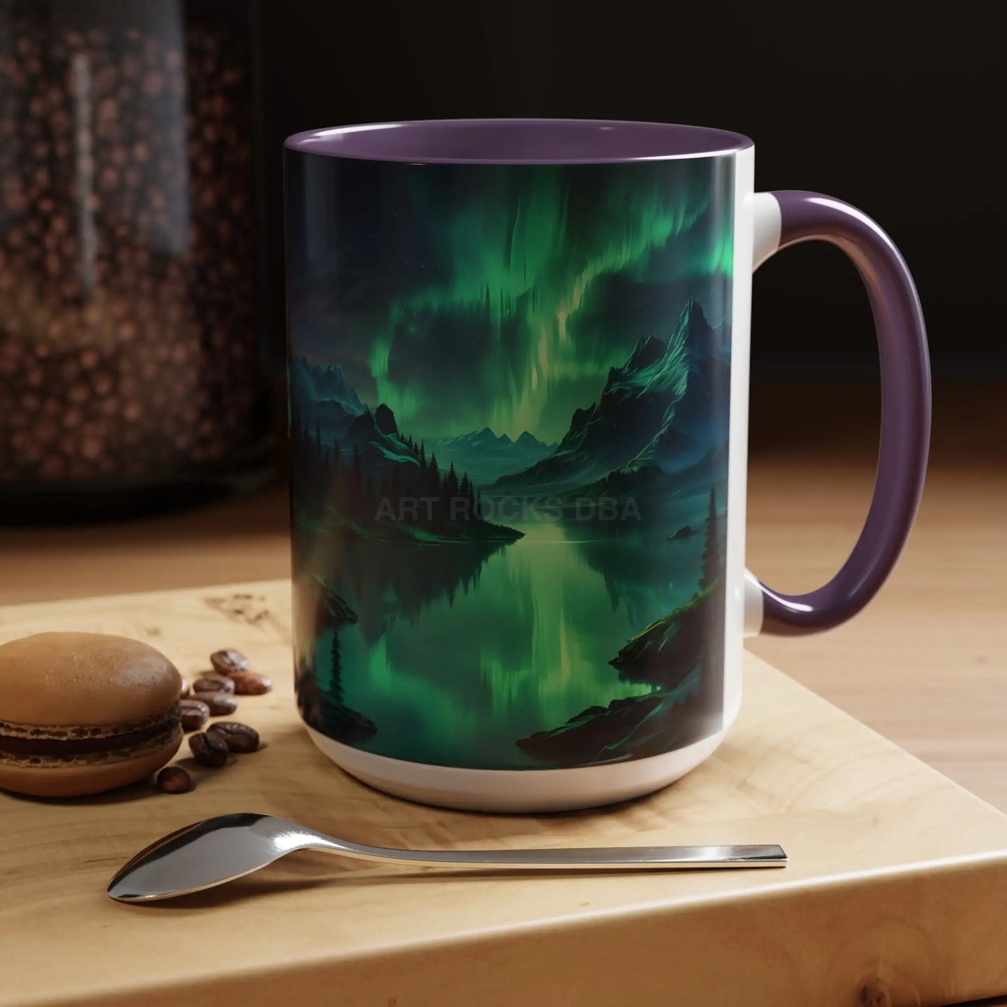 Aurora Borealis Lakeside Coffee Mug – Northern Lights Scenic Accent Mug - Mug