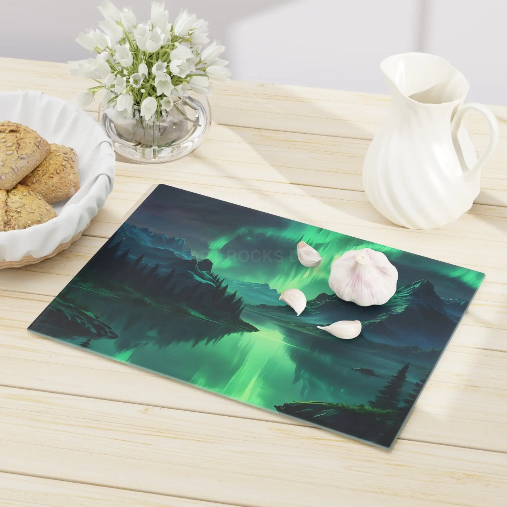 Aurora Borealis Mountain Glass Cutting Board — Northern Lights Scenic Kitchen Board - Home Decor
