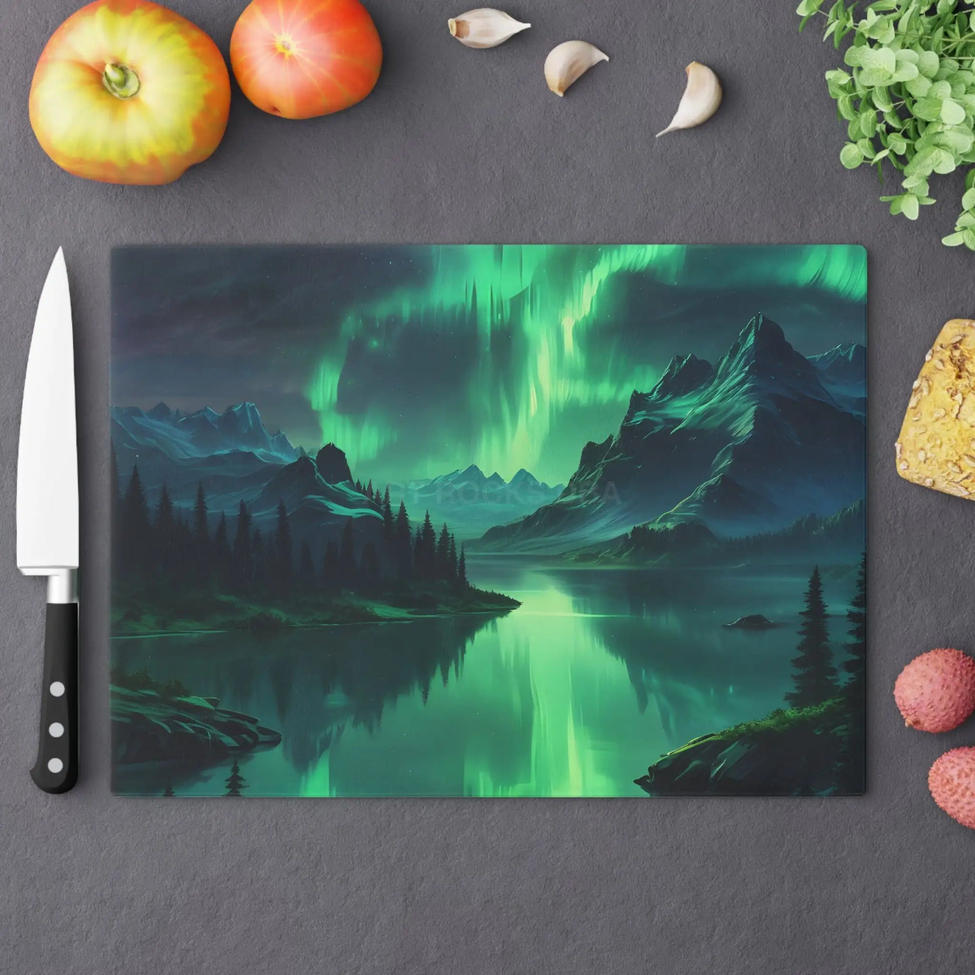 Aurora Borealis Mountain Glass Cutting Board — Northern Lights Scenic Kitchen Board - Large - Home Decor