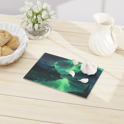 Aurora Borealis Mountain Glass Cutting Board — Northern Lights Scenic Kitchen Board - Home Decor