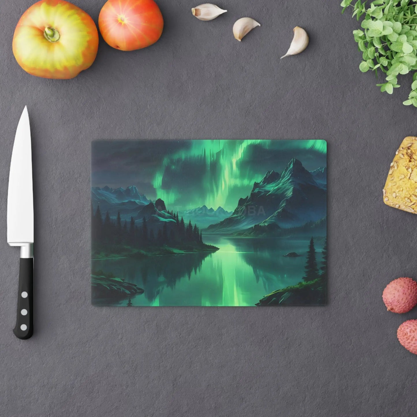 Aurora Borealis Mountain Glass Cutting Board — Northern Lights Scenic Kitchen Board - Home Decor