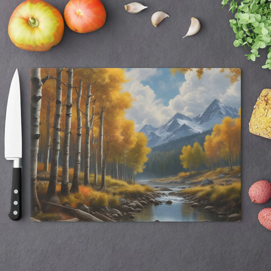 Autumn Aspen River Cutting Board — Mountain Landscape Glass Chopping Board - Large - Home Decor