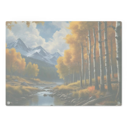 Autumn Aspen River Cutting Board — Mountain Landscape Glass Chopping Board - Home Decor
