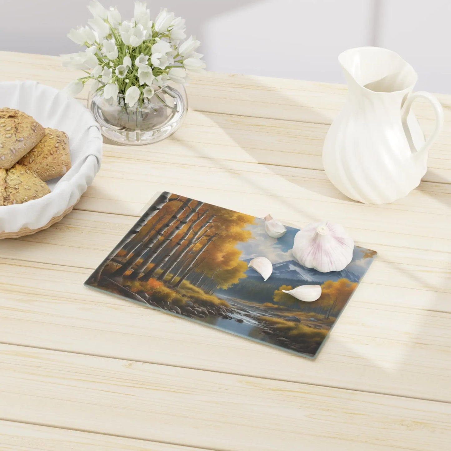 Autumn Aspen River Cutting Board — Mountain Landscape Glass Chopping Board - Home Decor