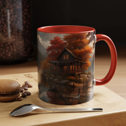 Autumn Cabin Accent Coffee Mug – Scenic Fall Lake House 11/15oz - 11oz / Red - Mug