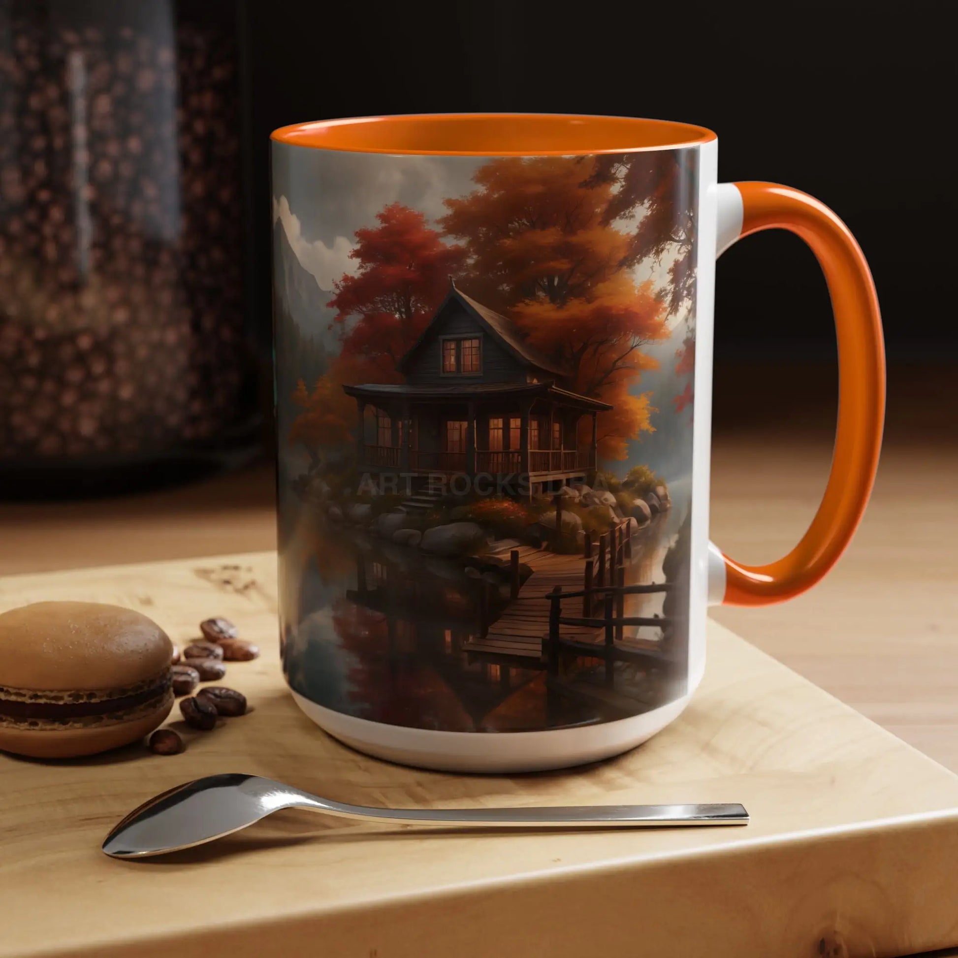Autumn Cabin Accent Coffee Mug – Scenic Fall Lake House 11/15oz - Mug