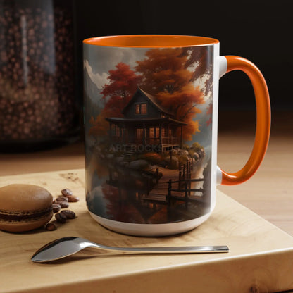 Autumn Cabin Accent Coffee Mug – Scenic Fall Lake House 11/15oz - Mug