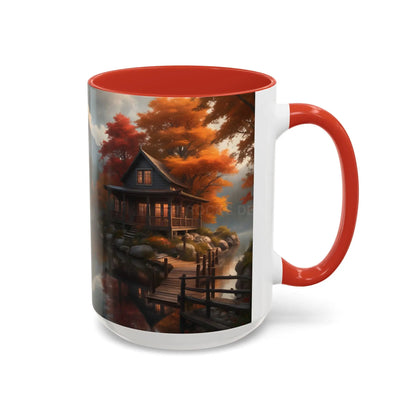 Autumn Cabin Accent Coffee Mug – Scenic Fall Lake House 11/15oz - Mug