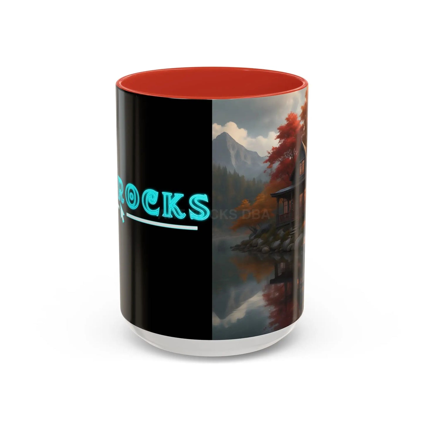Autumn Cabin Accent Coffee Mug – Scenic Fall Lake House 11/15oz - 15oz / Red - Mug