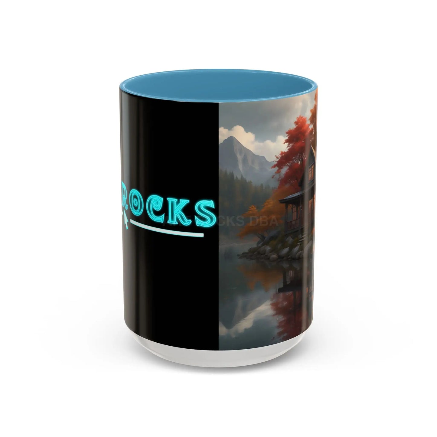 Autumn Cabin Accent Coffee Mug – Scenic Fall Lake House 11/15oz - 15oz / Light Blue - Mug