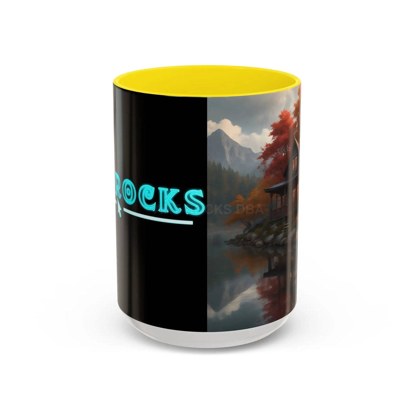 Autumn Cabin Accent Coffee Mug – Scenic Fall Lake House 11/15oz - 15oz / Yellow - Mug