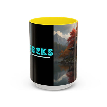 Autumn Cabin Accent Coffee Mug – Scenic Fall Lake House 11/15oz - 15oz / Yellow - Mug