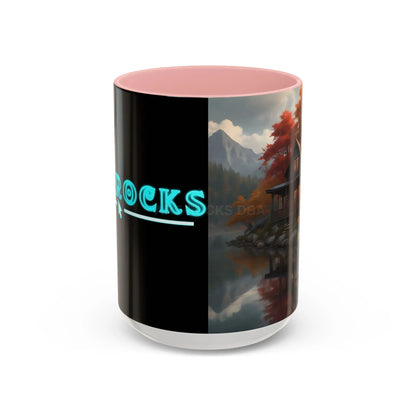 Autumn Cabin Accent Coffee Mug – Scenic Fall Lake House 11/15oz - 15oz / Pink - Mug