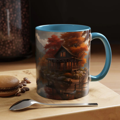Autumn Cabin Accent Coffee Mug – Scenic Fall Lake House 11/15oz - Mug