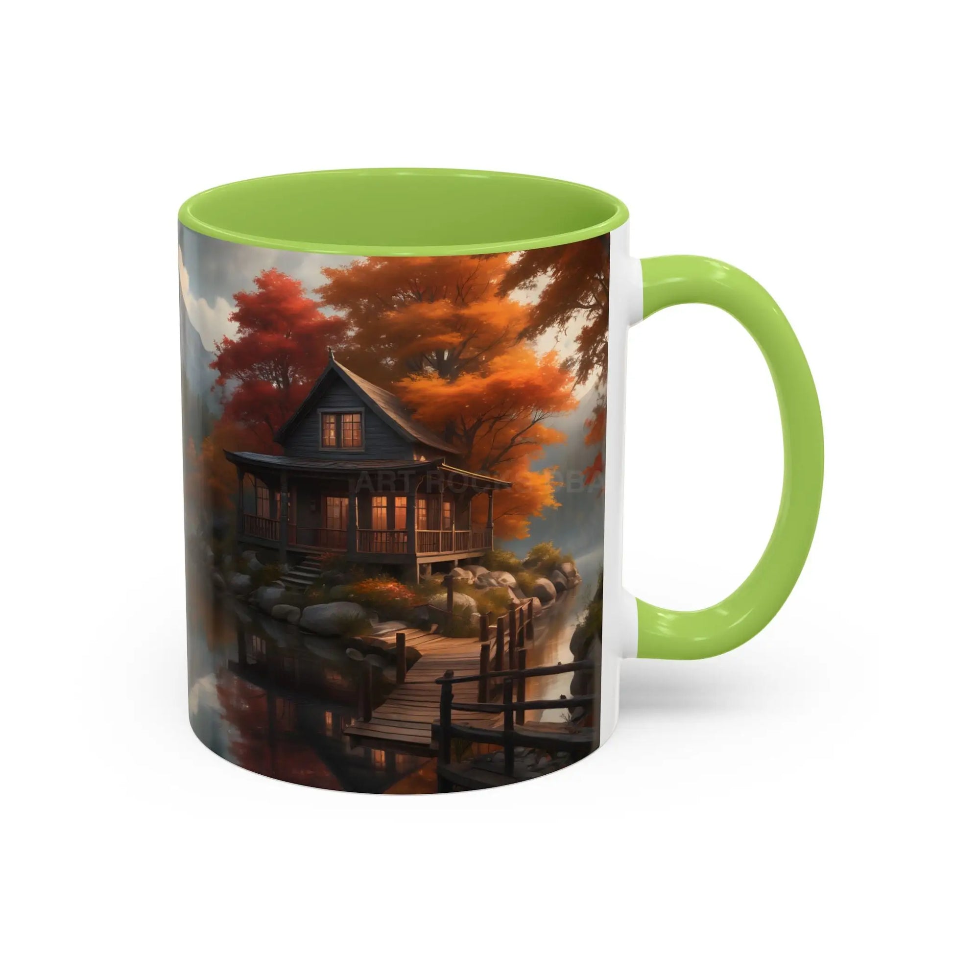 Autumn Cabin Accent Coffee Mug – Scenic Fall Lake House 11/15oz - Mug
