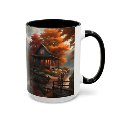 Autumn Cabin Accent Coffee Mug – Scenic Fall Lake House 11/15oz - Mug