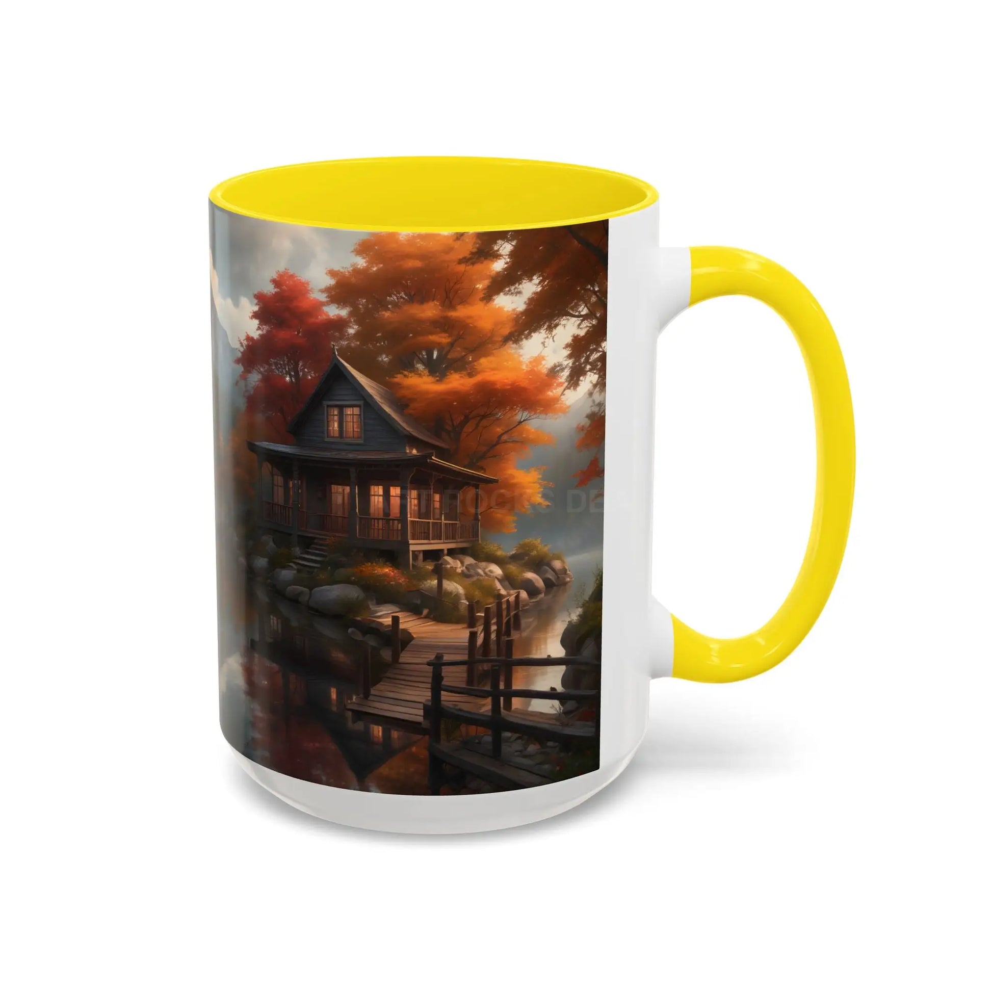 Autumn Cabin Accent Coffee Mug – Scenic Fall Lake House 11/15oz - Mug