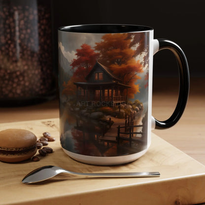 Autumn Cabin Accent Coffee Mug – Scenic Fall Lake House 11/15oz - Mug