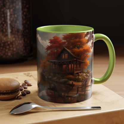 Autumn Cabin Accent Coffee Mug – Scenic Fall Lake House 11/15oz - Mug
