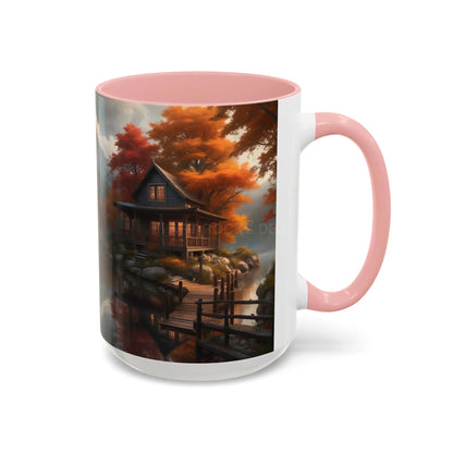 Autumn Cabin Accent Coffee Mug – Scenic Fall Lake House 11/15oz - Mug