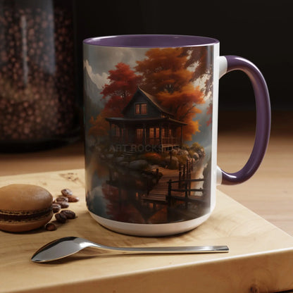 Autumn Cabin Accent Coffee Mug – Scenic Fall Lake House 11/15oz - Mug