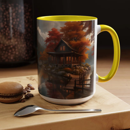 Autumn Cabin Accent Coffee Mug – Scenic Fall Lake House 11/15oz - Mug