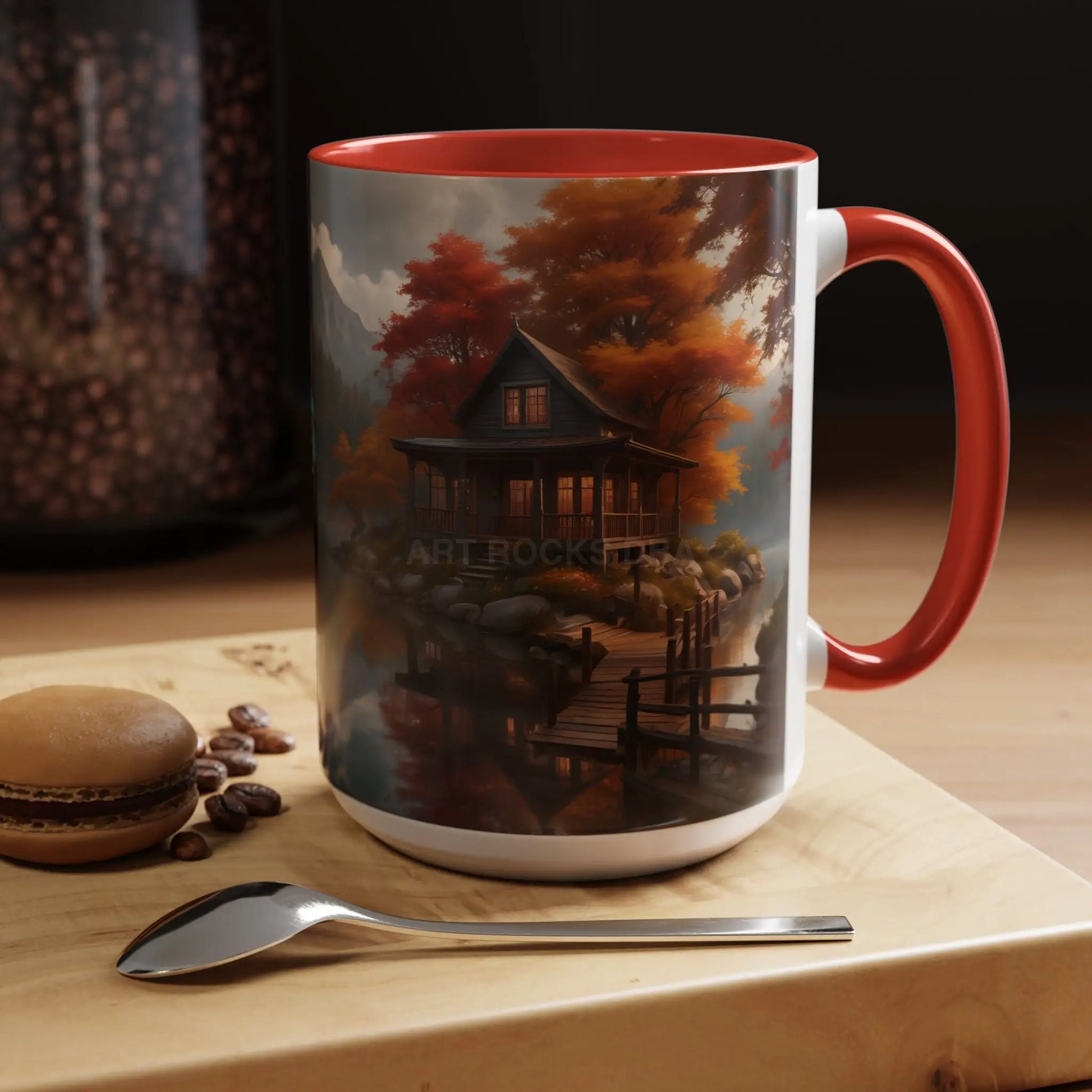 Autumn Cabin Accent Coffee Mug – Scenic Fall Lake House 11/15oz - Mug