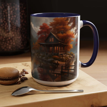 Autumn Cabin Accent Coffee Mug – Scenic Fall Lake House 11/15oz - Mug