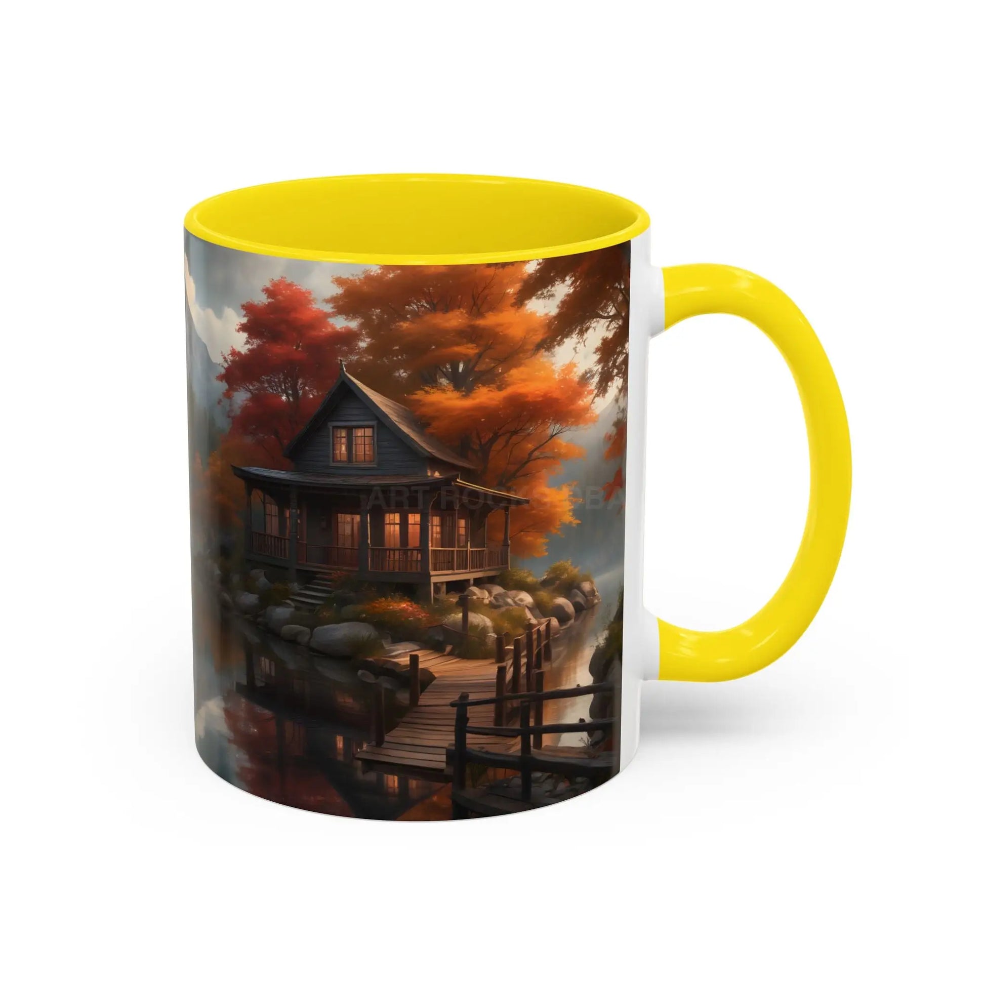 Autumn Cabin Accent Coffee Mug – Scenic Fall Lake House 11/15oz - Mug