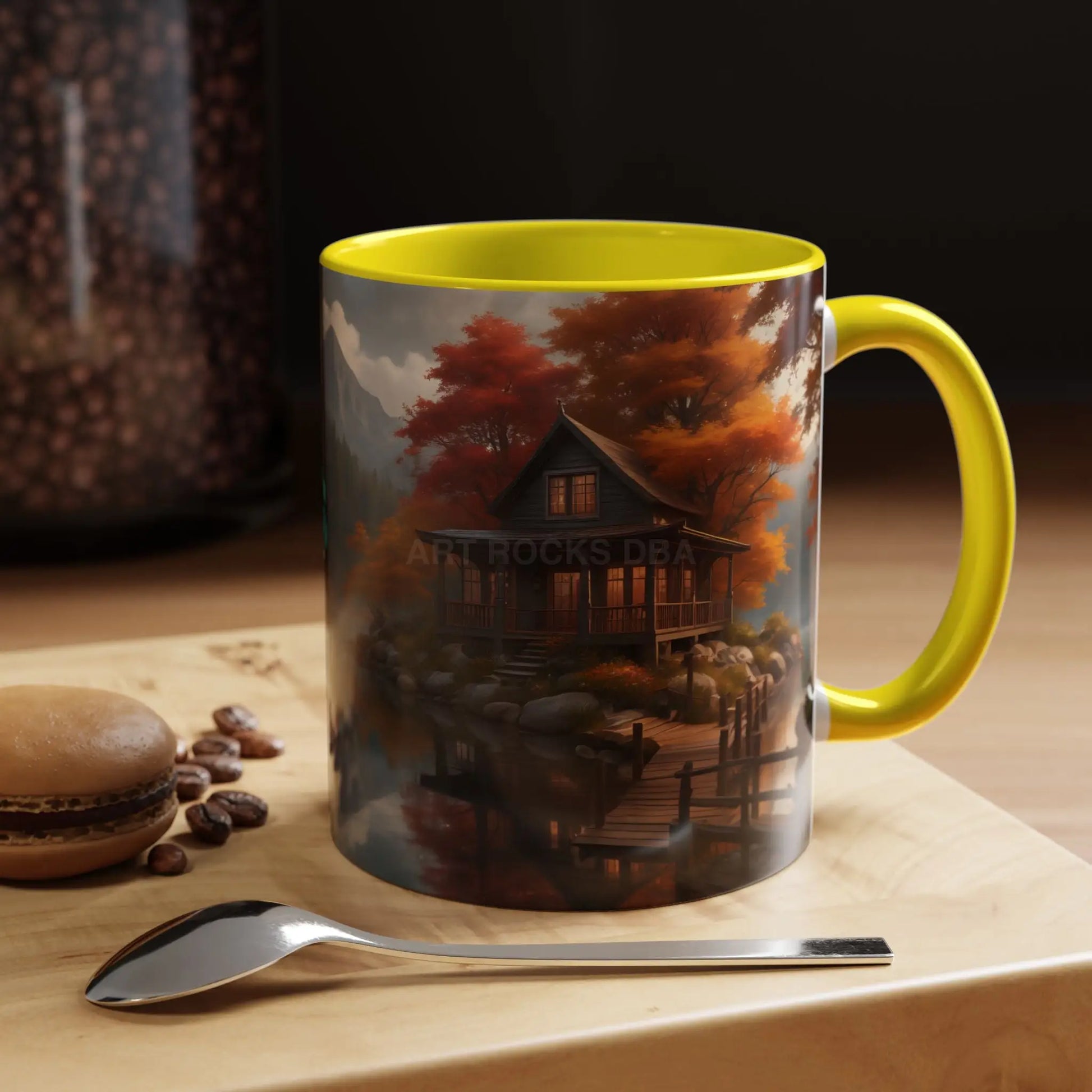 Autumn Cabin Accent Coffee Mug – Scenic Fall Lake House 11/15oz - Mug