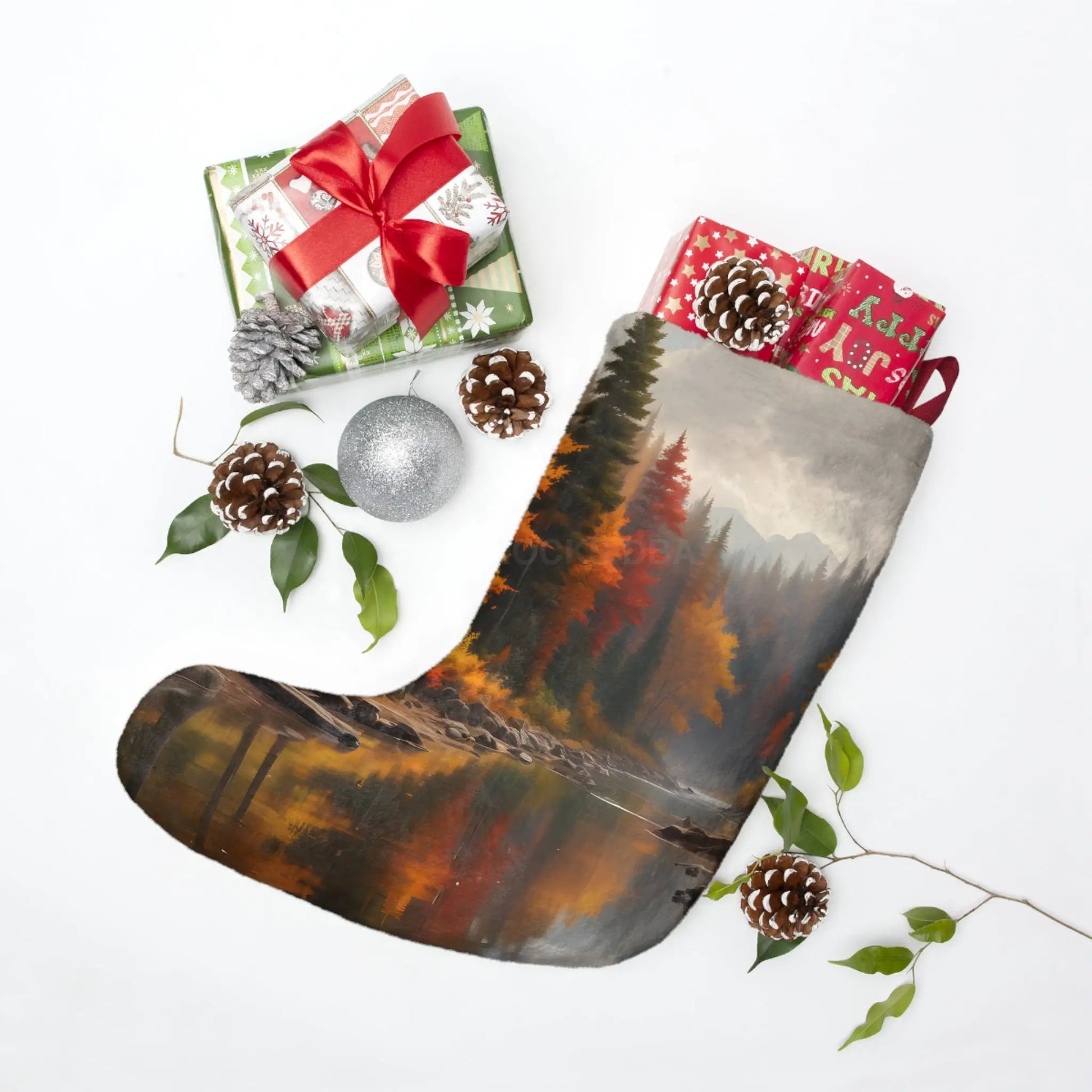 Autumn Forest Christmas Stocking – Scenic Lake Holiday Decoration - One size - Home Decor