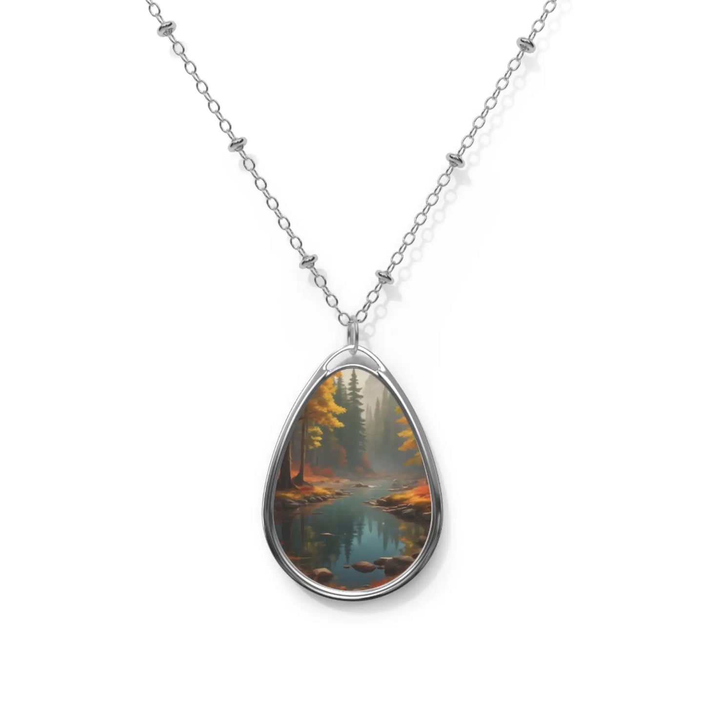 Autumn Forest Oval Necklace — Teardrop Pendant with Scenic Lake Artwork - One Size / Silver - Accessories