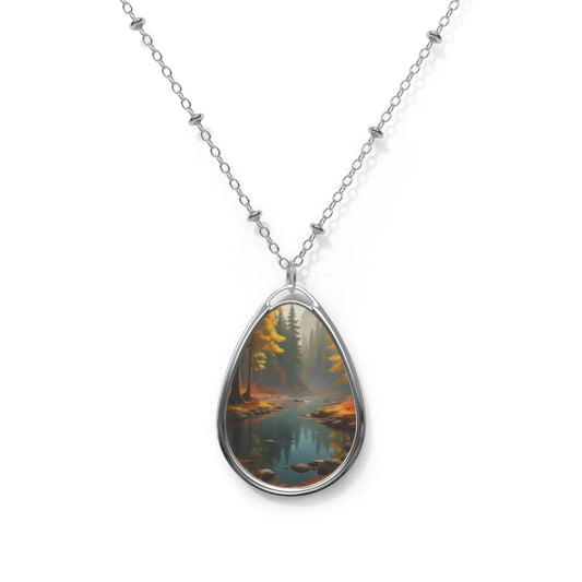 Autumn Forest Oval Necklace — Teardrop Pendant with Scenic Lake Artwork - One Size / Silver - Accessories