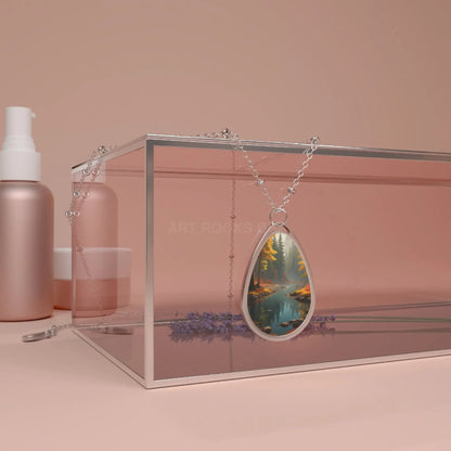 Autumn Forest Oval Necklace — Teardrop Pendant with Scenic Lake Artwork - One Size / Silver - Accessories