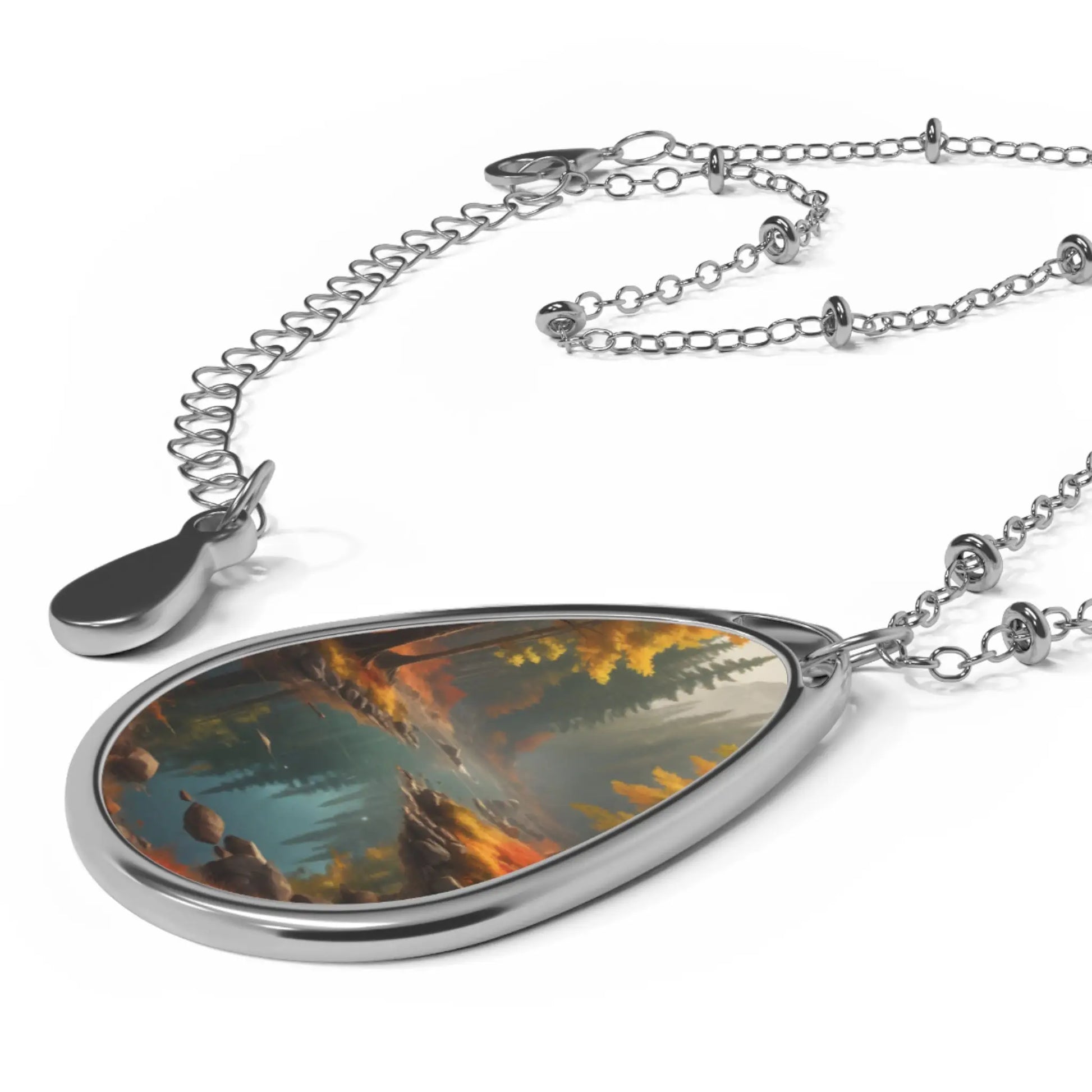Autumn Forest Oval Necklace — Teardrop Pendant with Scenic Lake Artwork - One Size / Silver - Accessories