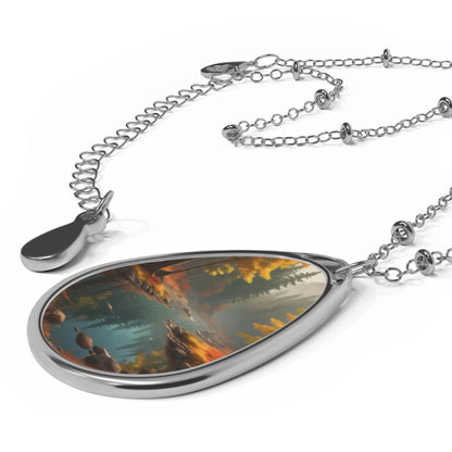 Autumn Forest Oval Necklace — Teardrop Pendant with Scenic Lake Artwork - One Size / Silver - Accessories