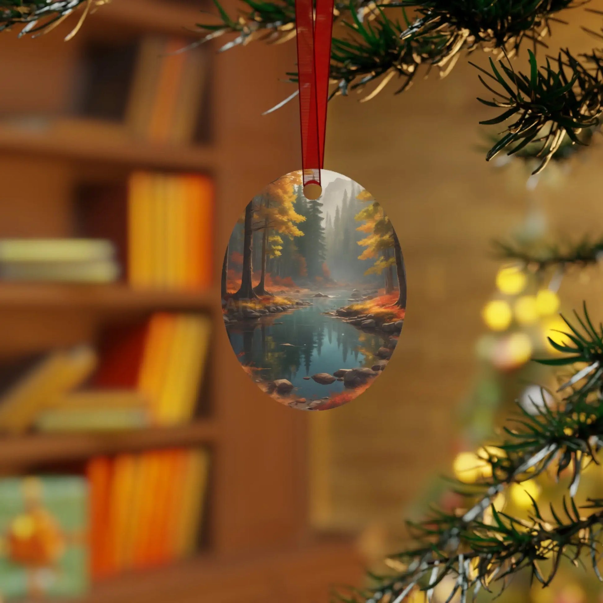 Autumn Forest River Metal Ornament — Nature Holiday Decoration - Home Decor
