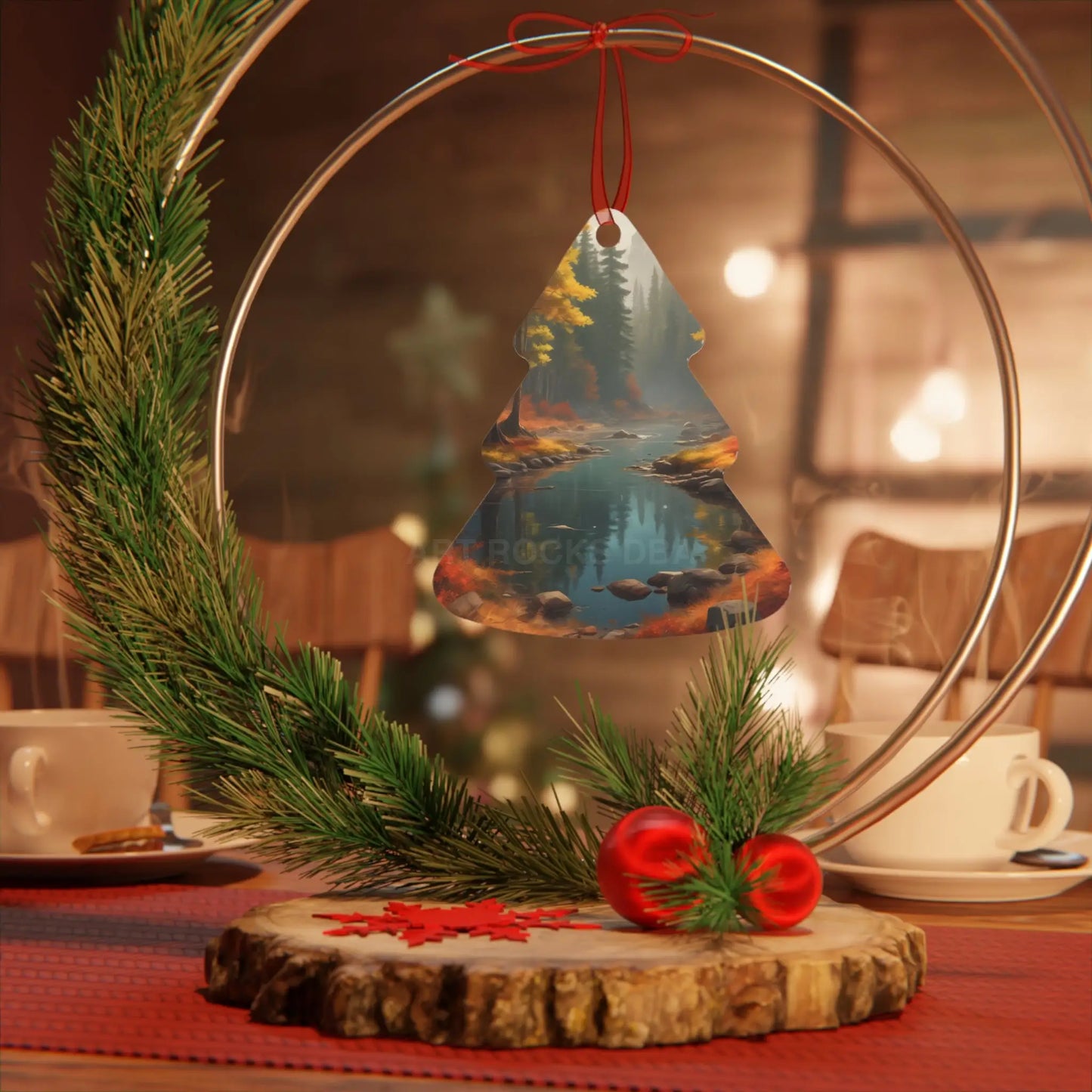 Autumn Forest River Metal Ornament — Nature Holiday Decoration - Home Decor