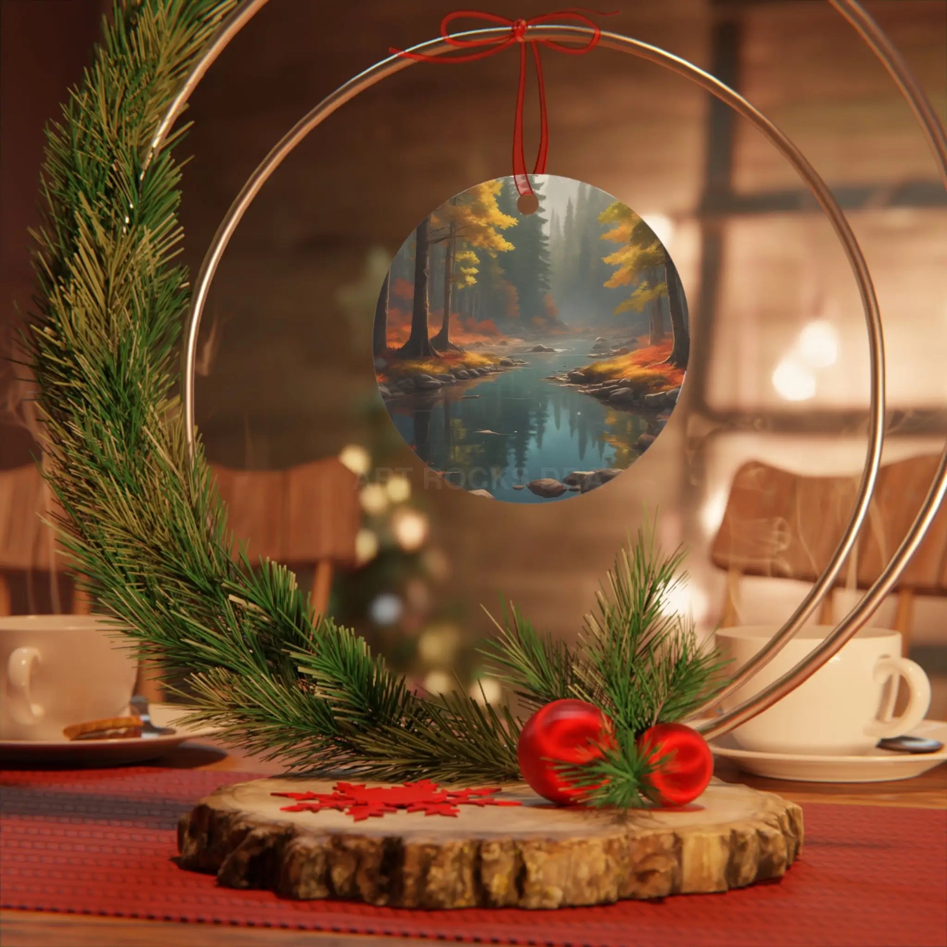 Autumn Forest River Metal Ornament — Nature Holiday Decoration - Home Decor
