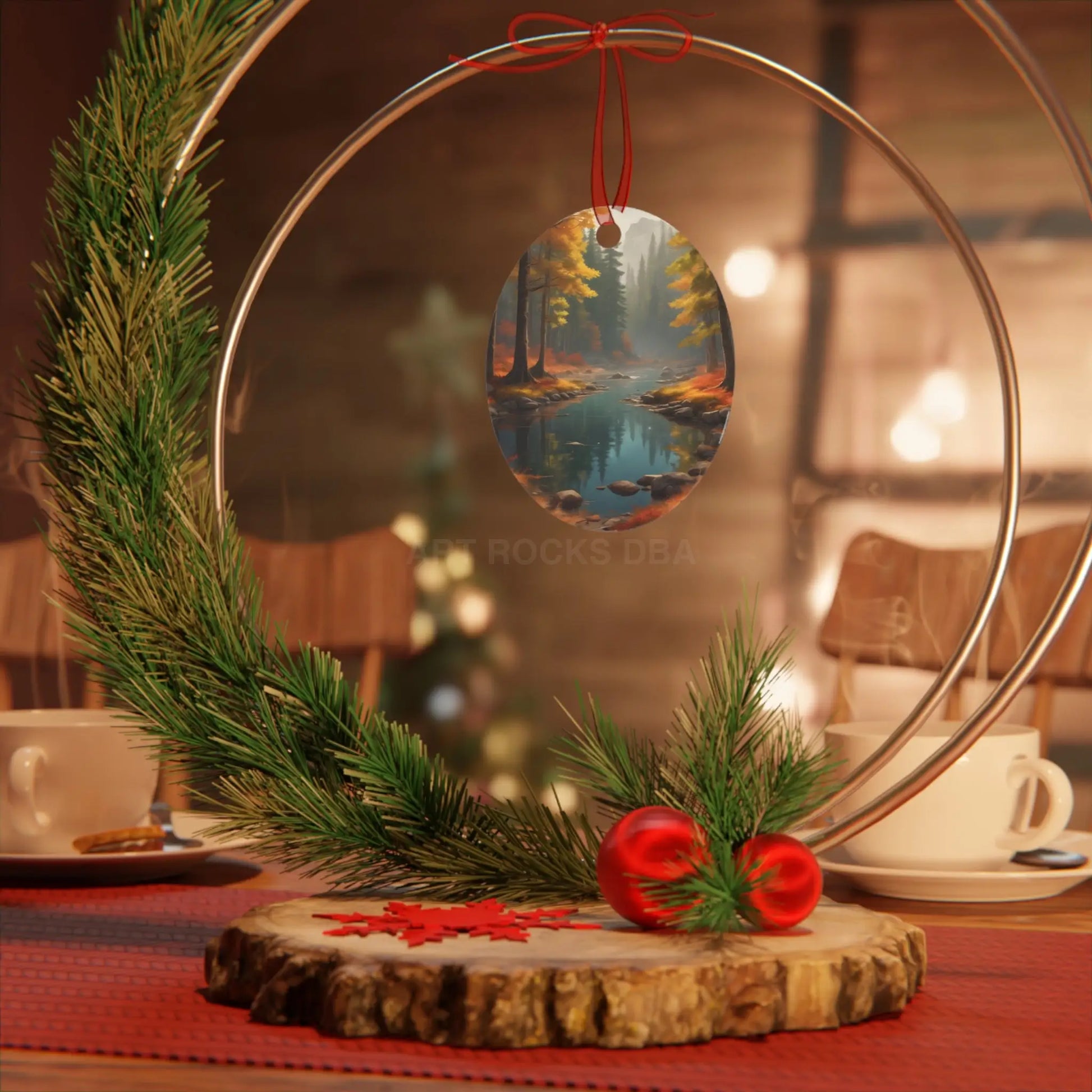 Autumn Forest River Metal Ornament — Nature Holiday Decoration - Home Decor