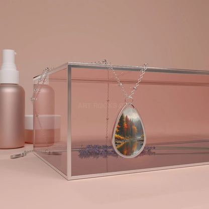 Autumn Lake Oval Necklace — Scenic Teardrop Pendant Jewelry - One Size / Silver - Accessories