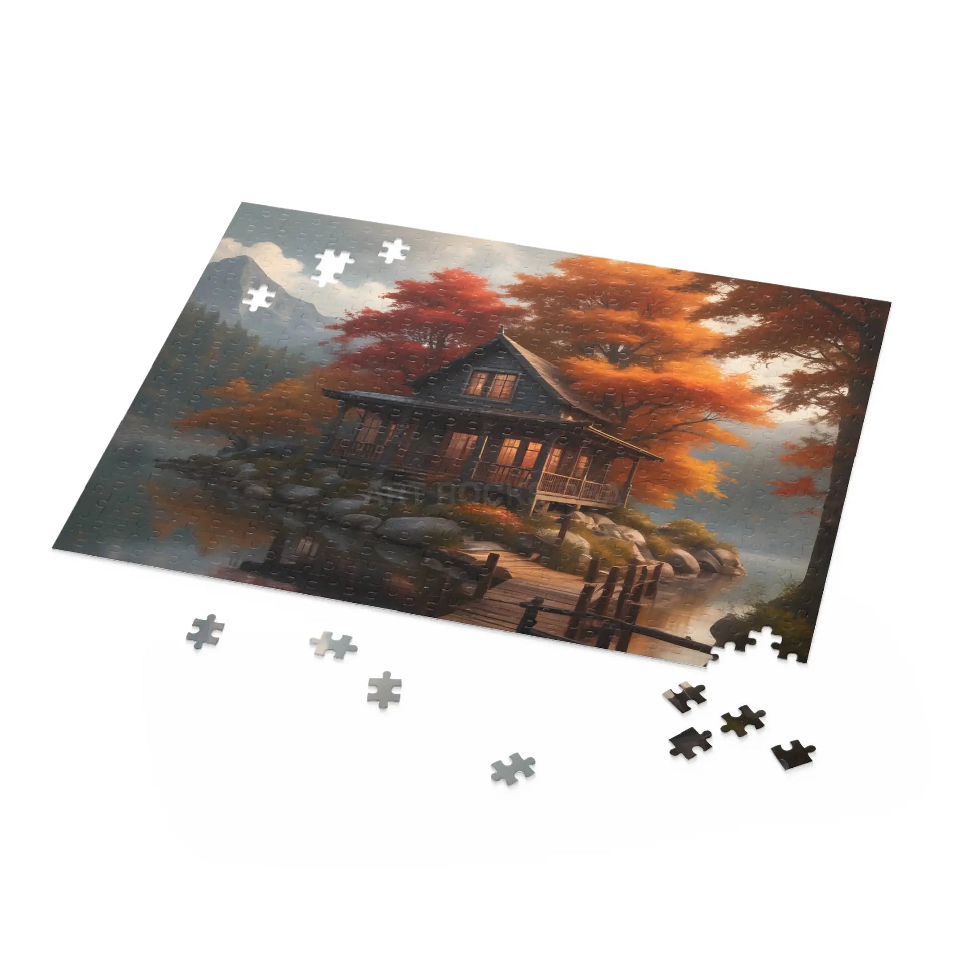 Autumn Lakeside Cabin Jigsaw Puzzle- 120/252/500-Piece - Puzzle
