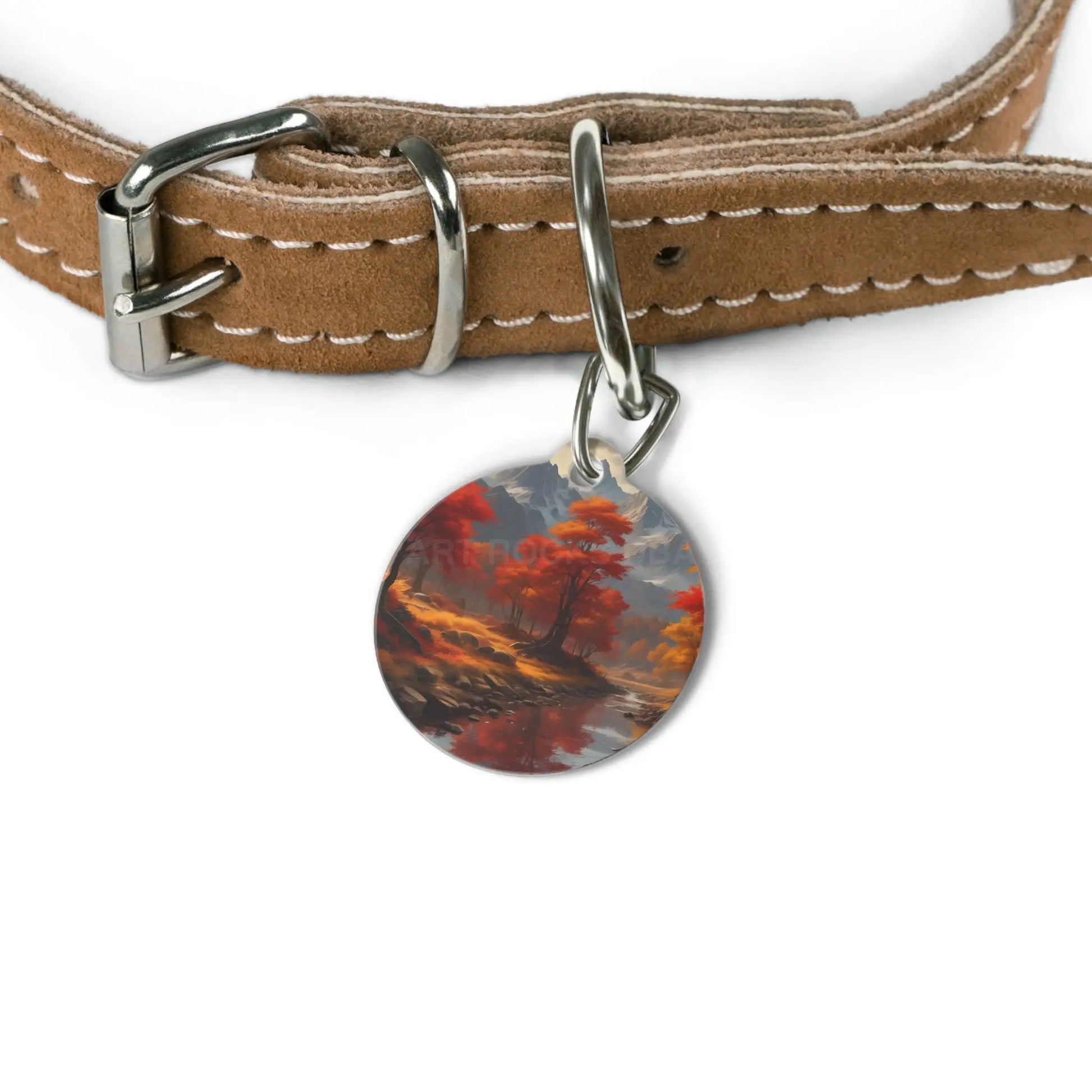 Autumn Lakeside Pet Tag — Scenic Red Tree Landscape ID Charm - 1’’ - Pets