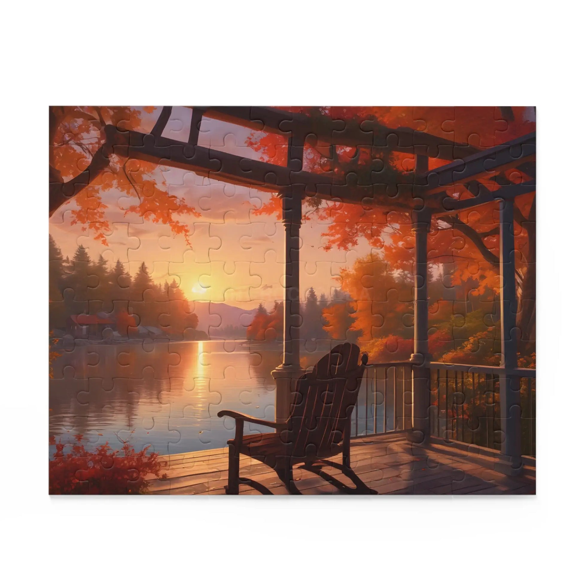 Autumn Lakeside Porch Sunset Jigsaw Puzzle — 120/252/500-Piece - Puzzle