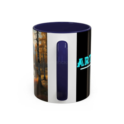 Autumn Mountain Landscape Accent Coffee Mug — Scenic River Cabin Decor ’Rocks’ Text Accent 11/15oz - Mug