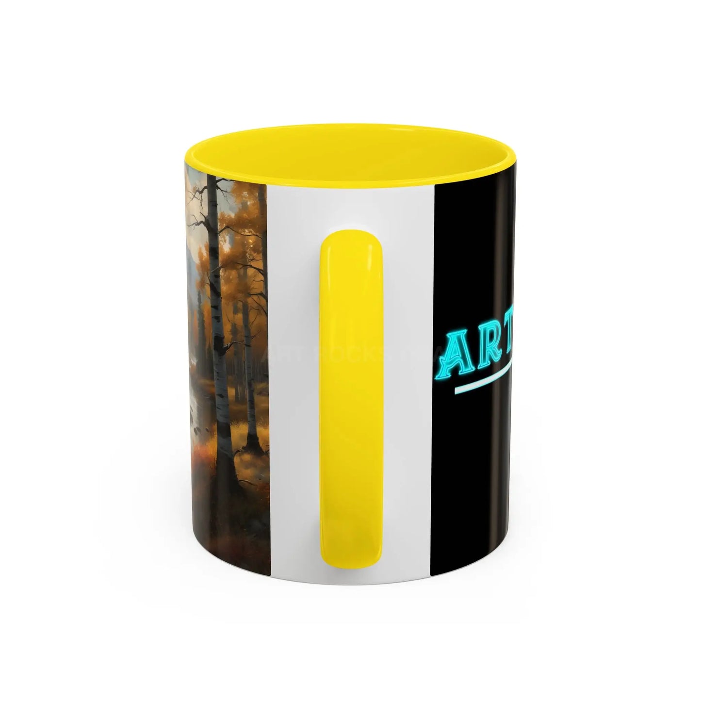 Autumn Mountain Landscape Accent Coffee Mug — Scenic River Cabin Decor ’Rocks’ Text Accent 11/15oz - Mug