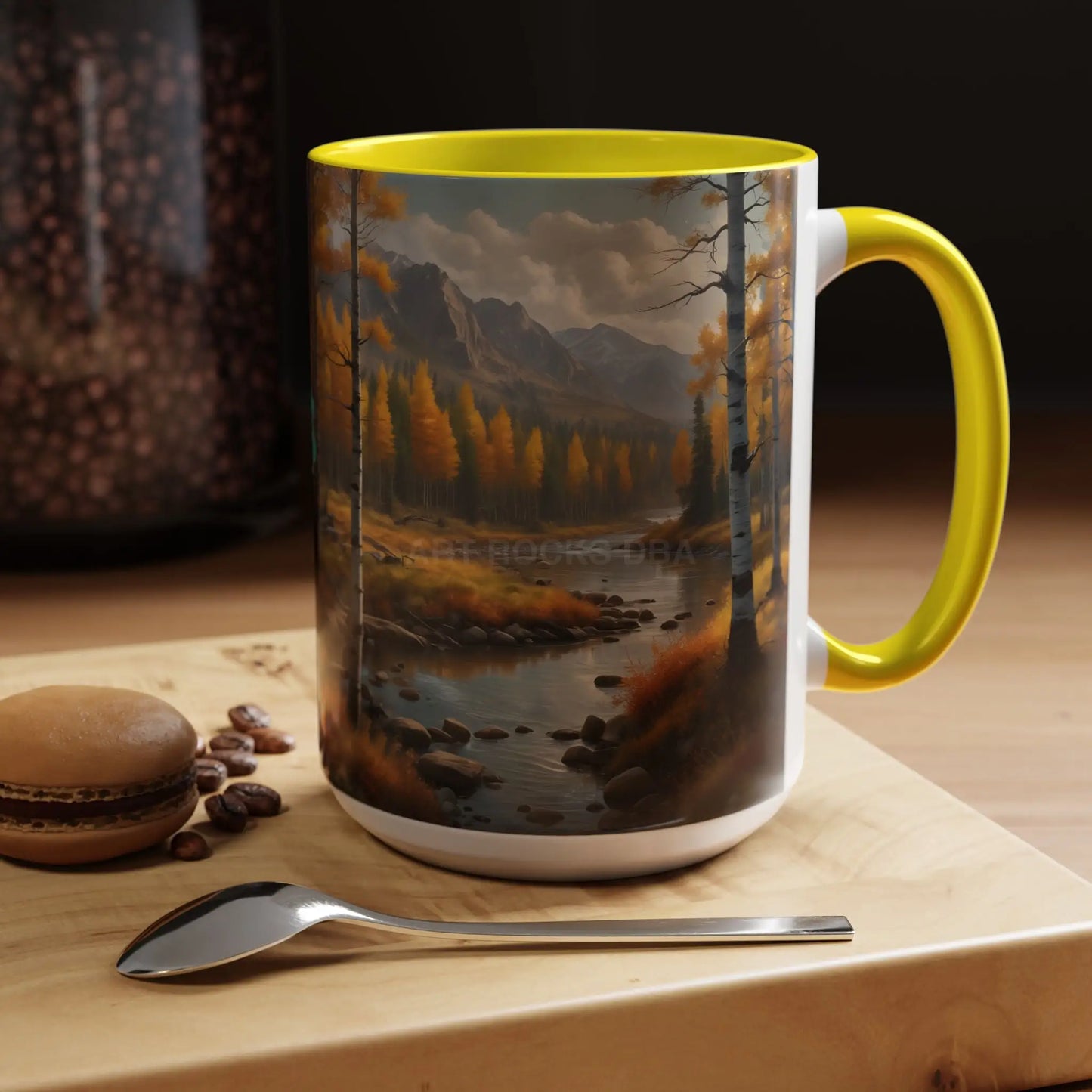 Autumn Mountain Landscape Accent Coffee Mug — Scenic River Cabin Decor ’Rocks’ Text Accent 11/15oz - Mug