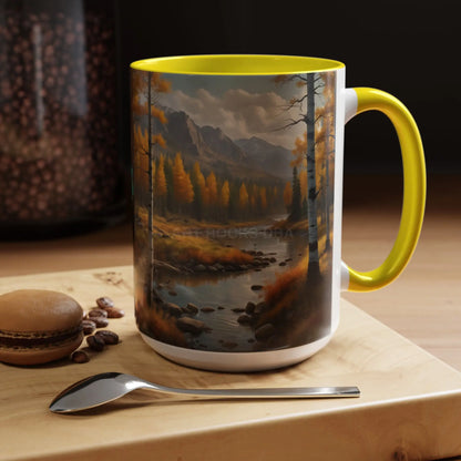 Autumn Mountain Landscape Accent Coffee Mug — Scenic River Cabin Decor ’Rocks’ Text Accent 11/15oz - Mug